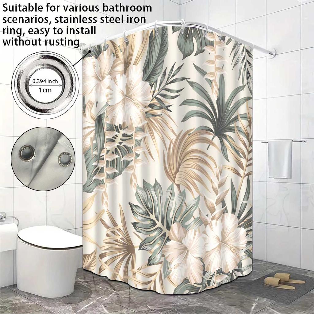 1pc Monstera Deliciosa Floral Print Shower Curtain, with 12 Hooks, Machine Washable, for Shower Partition and Privacy Protection