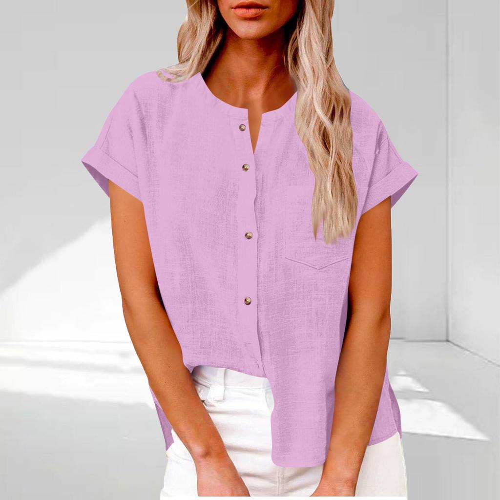 Women's Fashionable Loose-Fit Casual Shirt Button-Up Short-Sleeve Cotton-Linen Blend Top