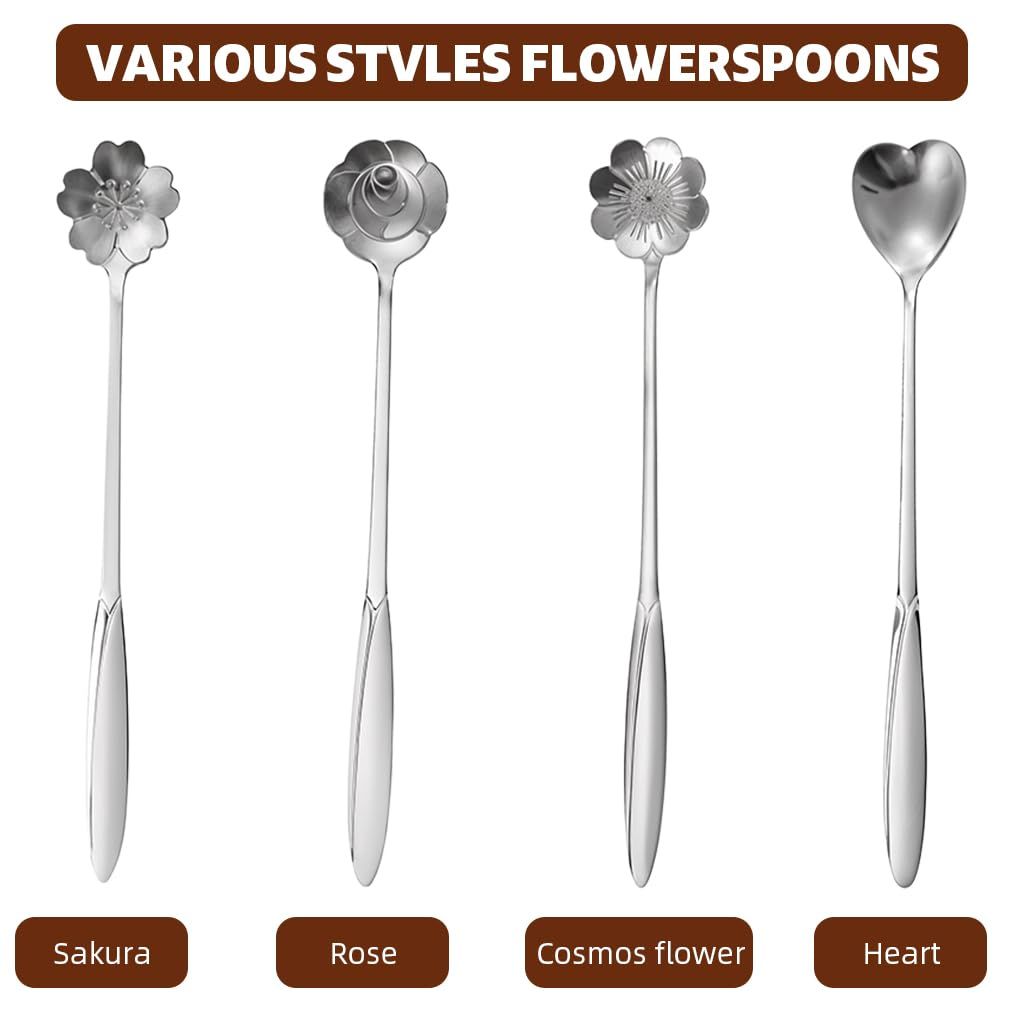 4 Pcs Silver Stainless Steel Coffee Spoon Set, 18cm Gold Flower Design, Multipurpose Tableware Tea, Desserts, and Gifting