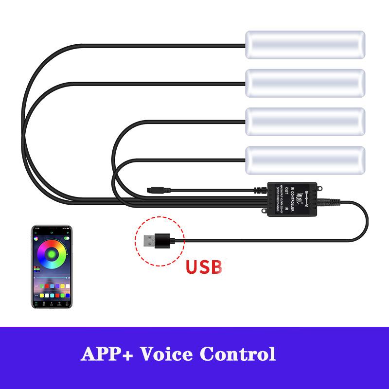 

LED RGB Car Foot Ambient Light With USB Wireless Remote Voice Music APP Control Cigarette Lighter Car Footwell Lights USB APP