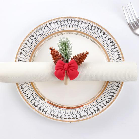 Gift for Christmas Home Decor Mini Napkin Ring, Small Red Bow Wooden Holder with Seasonal Tabletop Accessories Berries Pine Cones New Year Party