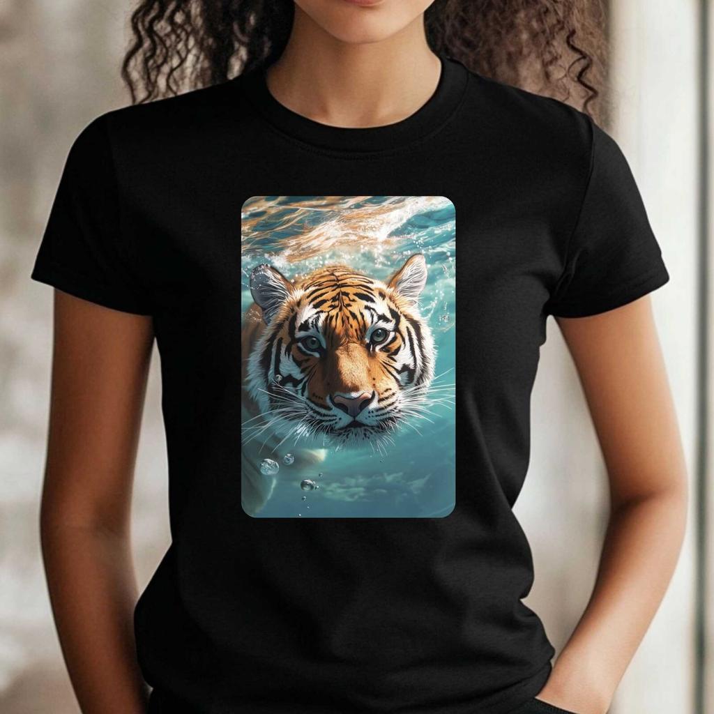 T-Shirt Frauen Tiger Schwimmt im Ozean Motiv Baumwolle Größe XS bis 3XLWird in neuem Fenster oder Tab geöffnet