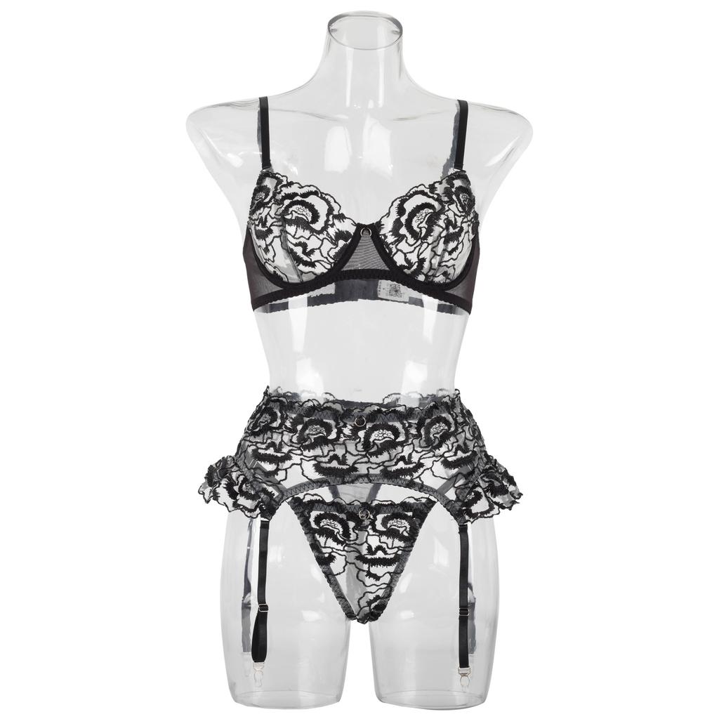 2023 Hot Selling Black Sexy Lingerie Set Women Sex Underwear 3 Piece Set Lasce Embroidery Seduce Sexy Lingerie