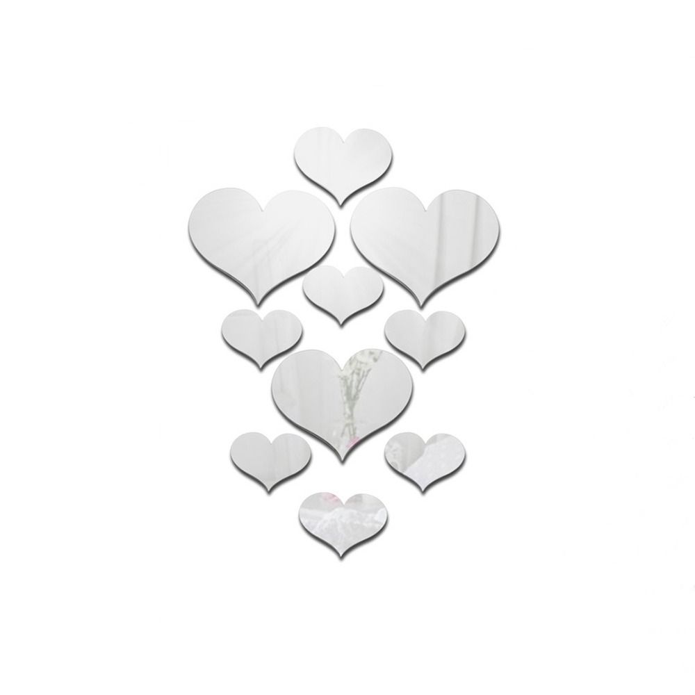 10Pcs/Set New Gold Silver Mirror Wall Sticker Removable Heart Shape Removable Decal 3D Wall Mural Room Decor