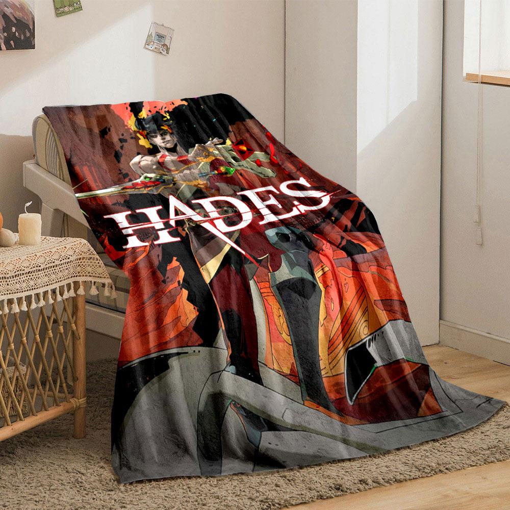 Fiery background, weapon-wielding character with skull motifs and vibrant text. for all seasons blanket lunch break throw gift