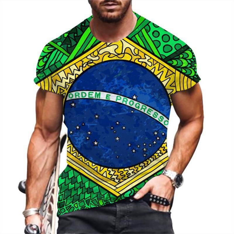 Summer Round Neck 3D Brazilian Flag Football Jersey Print Top Fashionable Casual Short Sleeved Men's T-shirts