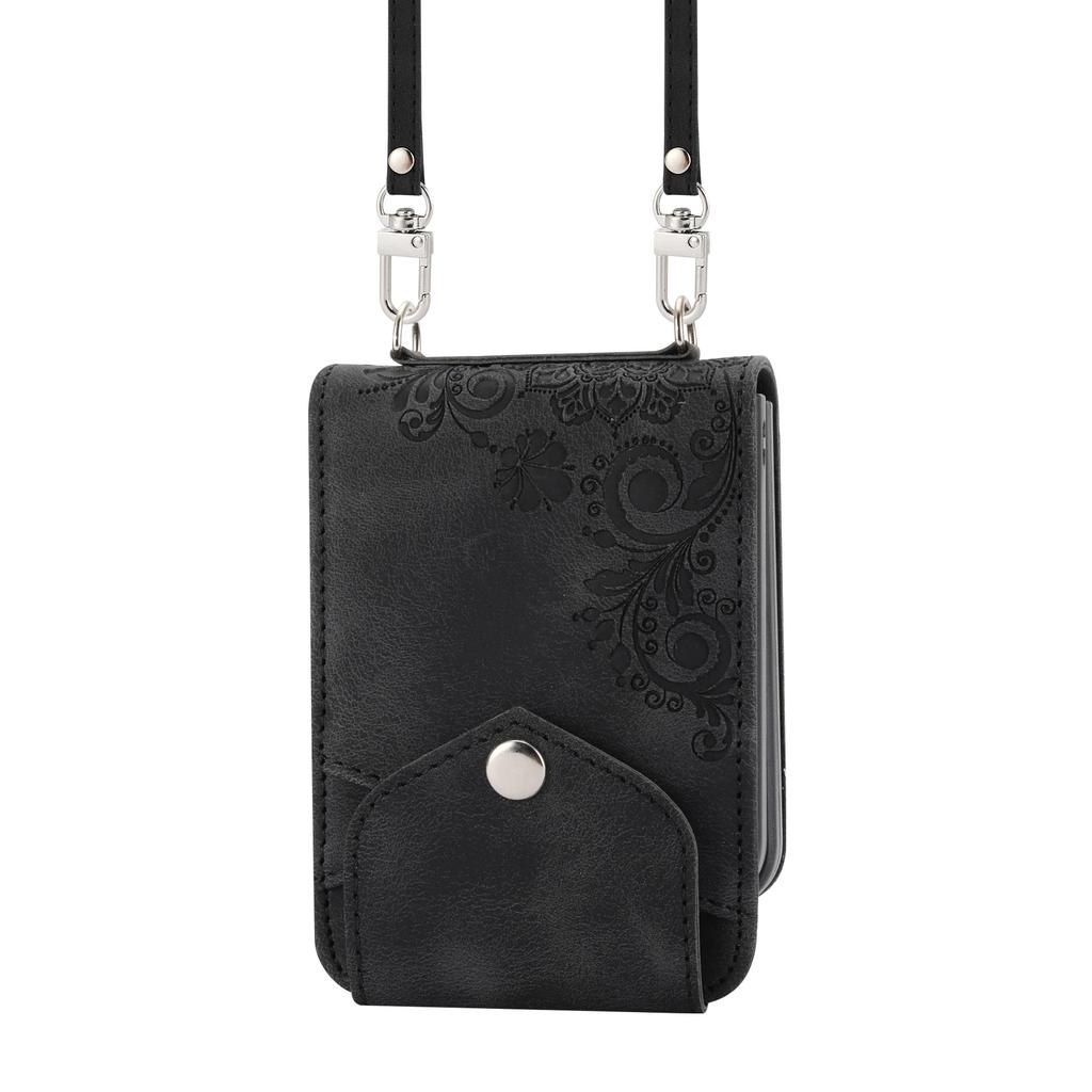 Custodia Borsa a Tracolla con Cordino Portafoglio Slot Carte Fiori Goffrati in Pelle per Samsung Galaxy Z Flip 7 6 5 4 Flip5 Flip4 5G Cover Bag Fundas