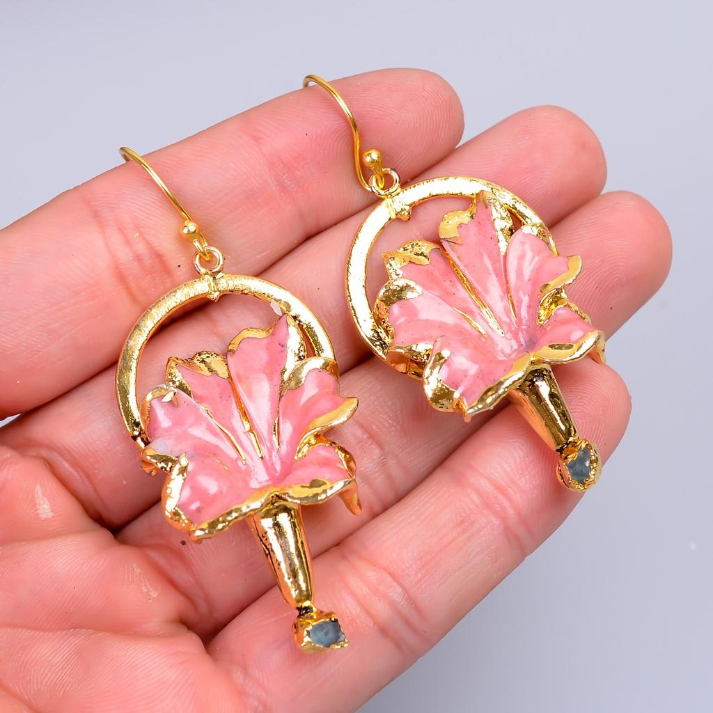 Natural Opal Gold Finish Dangle Sisters Gift Electroformed New Earrings Jewelry V-73