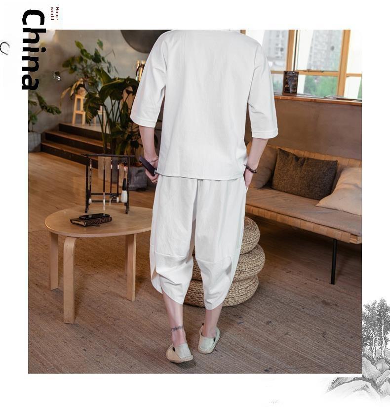 Men's Retro Chinese-Style Cotton & Linen Buttoned Three-Quarter Sleeve T-Shirt and Shorts Set