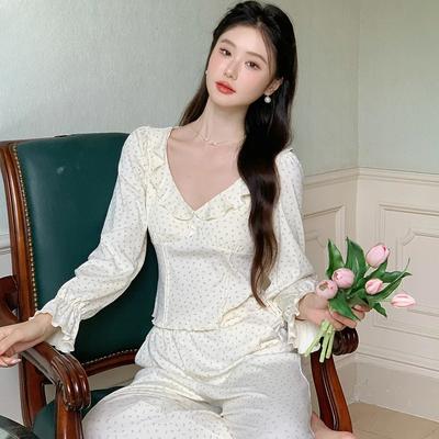 Pijama Estilo Francés para Mujer Pantalón de Manga Larga Dulce Estilo Princesa Traje de Algodón Pijama de Otoño Ropa de Casa Conjunto