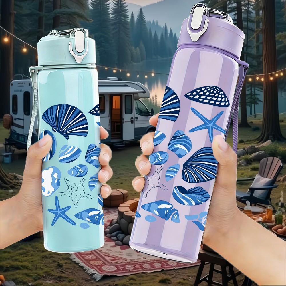 1PC Blue Seashell Starfish Pattern 750ml Color Plastic Sports Water Bottle Leakproof Flip Straw Lid Suitable for Sports Office Home Use