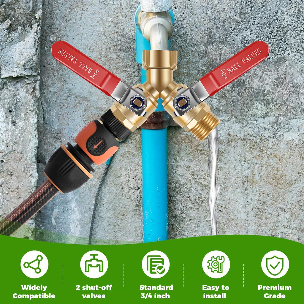 Hose Splitter 2 Way Brass Garden Hose Splitter with Long Handle Outdoor Full Flow Hose Splitter Connector,Y Valve 3/4 Inch GHT