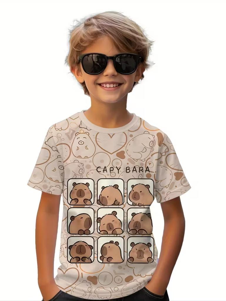 Cute Capybara Boy Clothes Cartoon Graphic Short Sleeve Tee Boy Child T-Shirt Summer Loose Top Fashion Kids Clothes Boys Clothing