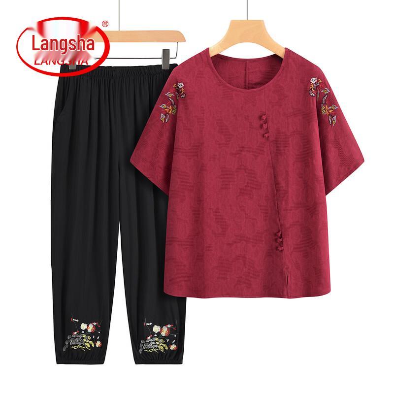 LangSha Women s Floral Embroidered Cotton Short Sleeve Set XL
