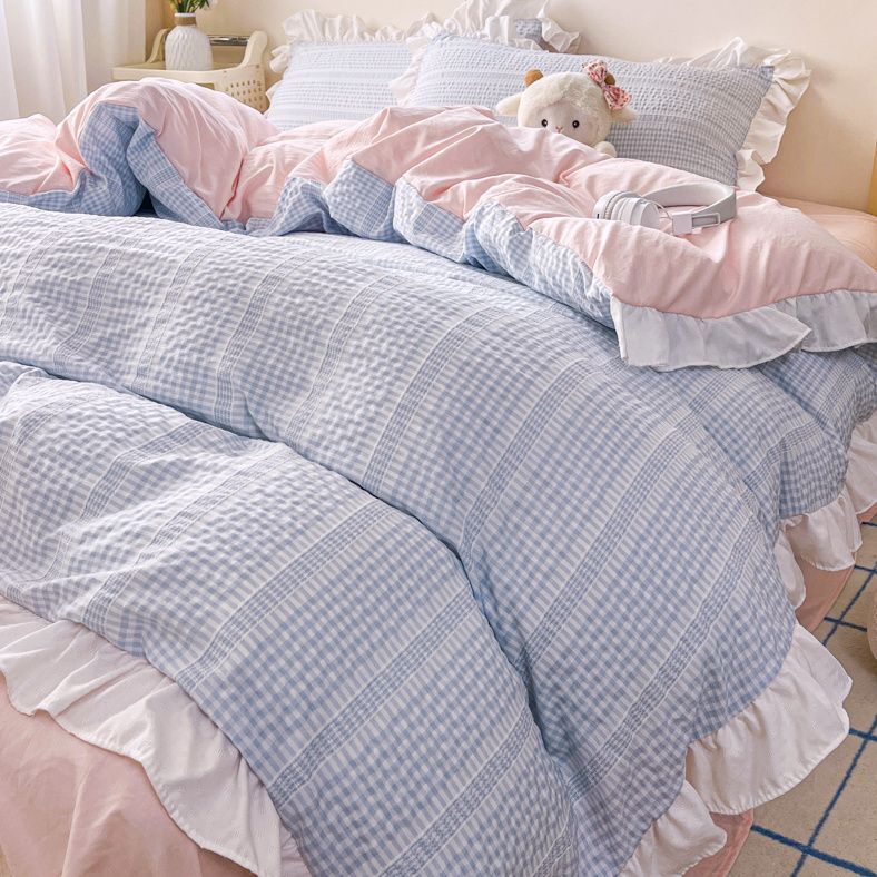 Ins Princess Style Bedding Sets Ruffle Blue Pink Girls Quilt Cover Romantic Bed Sheet Set Duvet Cover With Pillowcases 4pcs