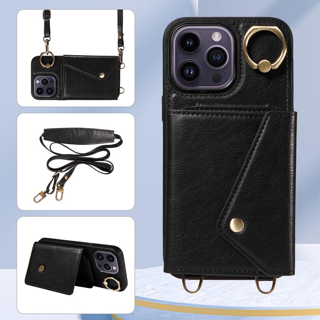 For iPhone 14 Series.for iPhone 14,14 Plus,14 Pro,14 Pro Max Shoulder Strap Rope Ring Bracket Design Card Holder Slots Lichee Pattern Cover Phone Case