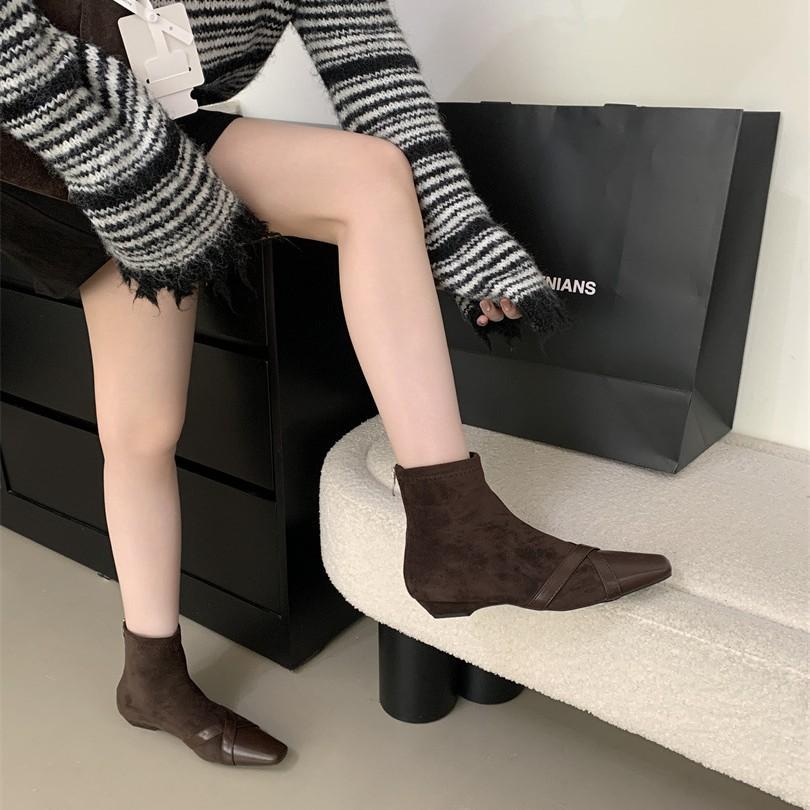 Huge good-looking short boots women's fashion foreign style low-heeled small ankle boots square head elastic thin boots