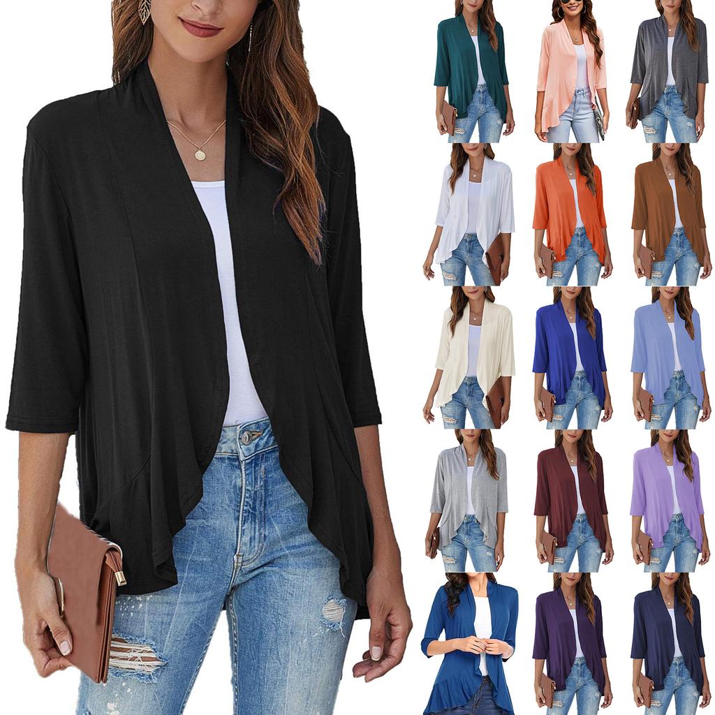 Women's Fashion Casual Seven Minute Sleeve Solid Color Ruffle Cardigan Top