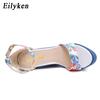 Fashion Designer Print Denim Sandals Woman Roman Wedges High Heels Peep Toe Platform Shoes Zapatos De Mujer