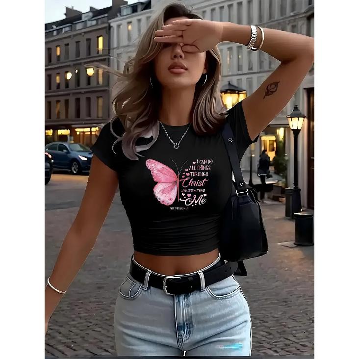 2025New Trend Women s Fashion Y2K Short-sleeved high-waisted T Shirt- Geometric floral, butterfly, animal, and letter unique print design Versatile, S