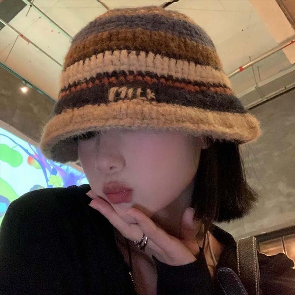 Warm Striped Fisherman Hat Anti-cold Woven Basin Cap Seaside Beach Cap Knitted Bucket Hat  Daily