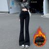 Women's High-Waist Black Velvet Flared Jeans - Korean Style, Slim Fit, Elastic Mopping