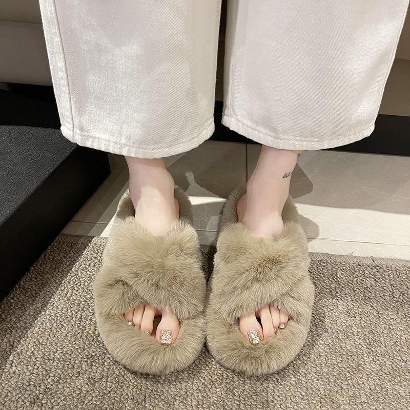 New Winter Women House Slippers Plush Open Toe Faux Fur Fluffy House Flats Shoes Cross Band Soft Warm Comfy Cozy Bedroom Slippers