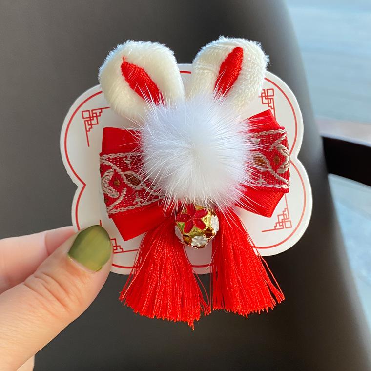 2023 Chinese New Year Embroidered Bow Hair Clip with Rabbit Ears - Red Side Clip for Little Girls