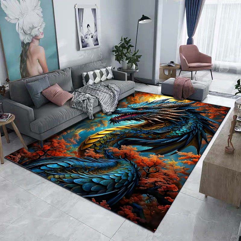 1PC Blue Dragon Coiled In Forest Print Carpet Rug for Living Room Bedroom Sofa Doormat Home Decor Non-slip Floor Mat