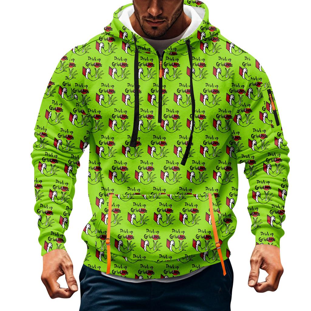 Men's Christmas Print Hooded Half-Zip Casual Sports Sweatshirt