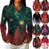 Dames Kerstprint Lange Mouwen Knopen Voorkant Kraag Casual Top met Zijsplitten