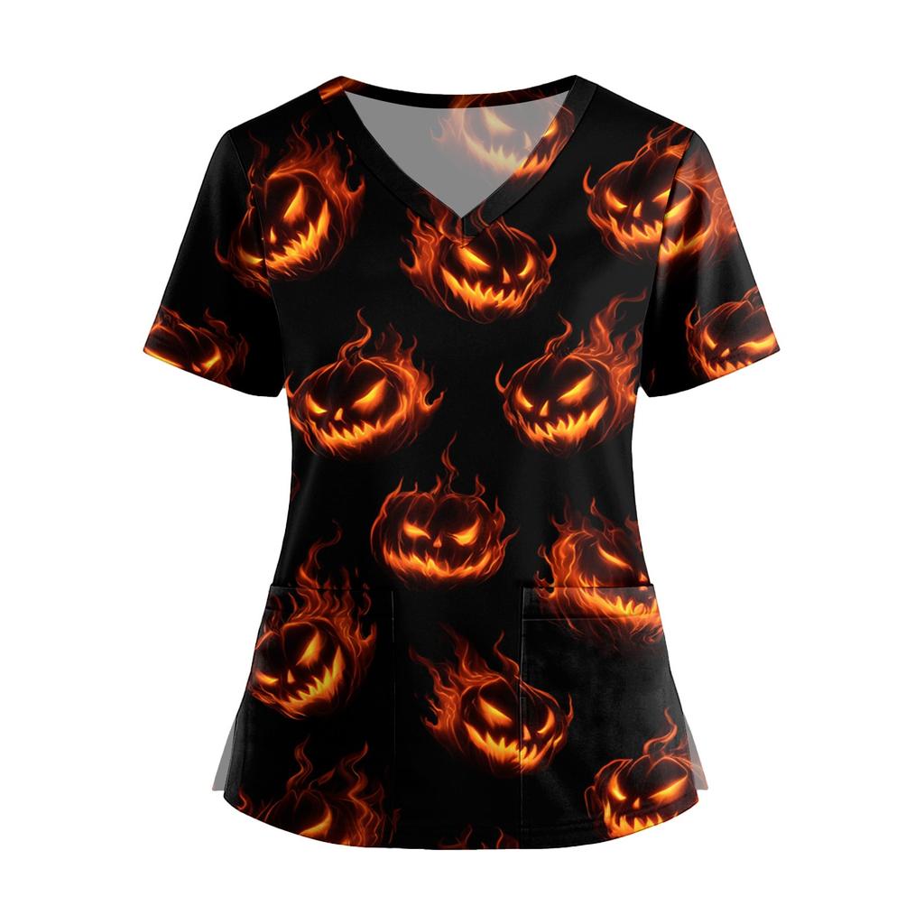 Damenmode V-Ausschnitt Kurzarm Overalls mit Taschen Print Tops Kleidung