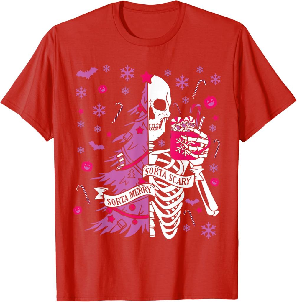 Sorta Merry Sorta Scary Skeleton Christmas Tree Graphic Tee Casual Cotton Short Sleeve T-Shirt for Men