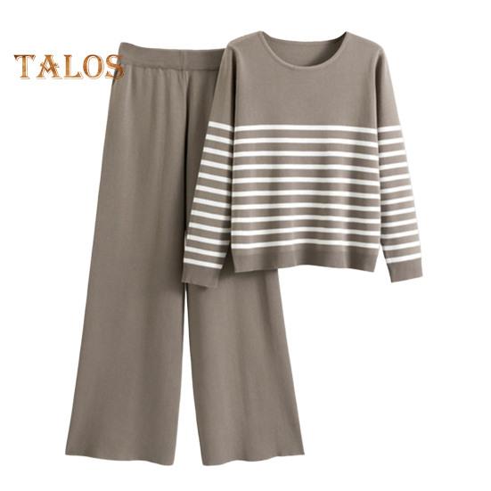 2 Teile/satz Damen Top Hosen Set Streifendruck Rundhals Langarm Sweatshirt Elastische Taille Weites Bein Jogginghose Sport Outfit Herbst Lässiger Trainingsanzug