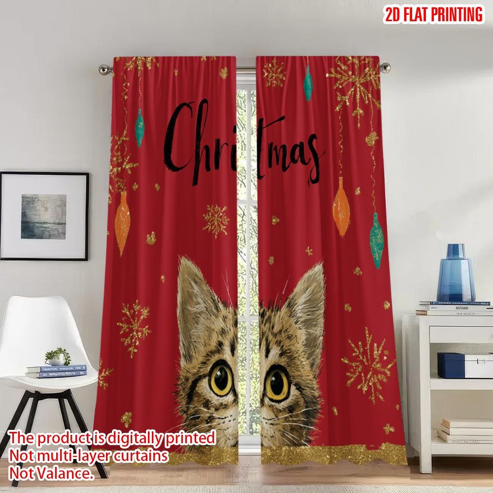 

2pcs 2D flat printing Happy Christmas Scene Curtains Cute Christmas Cat Snowflakes Digital Printed Polyester Drapes Party & 100*130 Grommet Top 1pcs