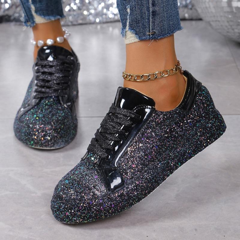 

Large size sequined casual fashion single shoes women s front lace-up flat bottom round head low-top sneakers women s 35