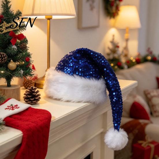 Santa Hat Christmas Sparkly for Women Men, Glitter Sequin with White Fluffy Trim Festive Costume Accessories Cosplay And Pom Pom, Holiday Party Bling