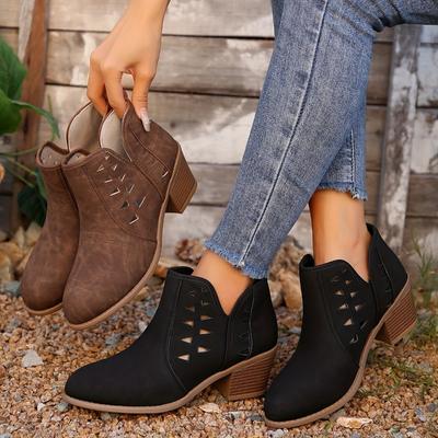 Damen Slip-On Chunky Mid-Heel Stiefeletten mit Atmungsaktivem Cut-Out-Design - Runde Zehenpartie Lässige Faux Cover Stiefeletten, Stoffgefüttert