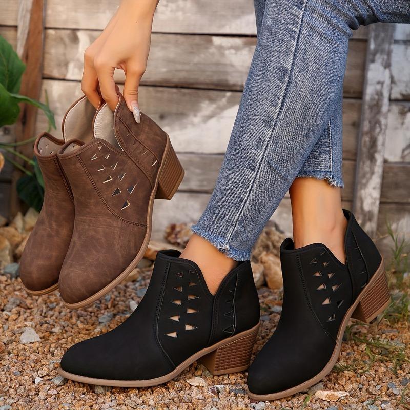 Women's Slip-On Chunky Mid-Heel Ankle Boots with Breathable Cut-Out Design - Round Toe Casual Faux Cover Booties, Fabric Lined