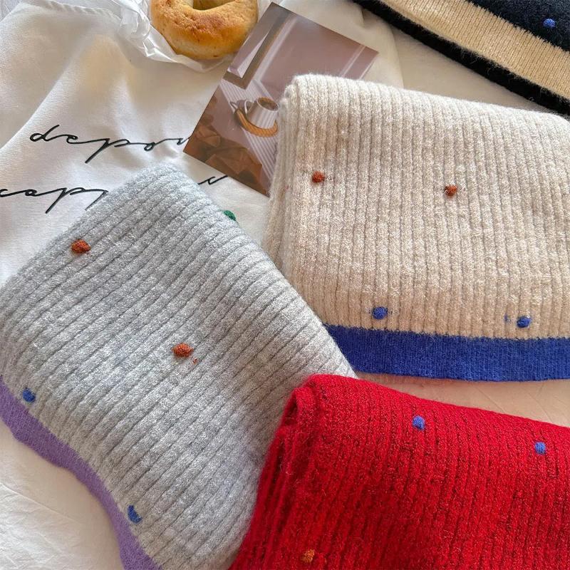 2024 Neuer Student Koreanische Ausgabe Vielseitiger Weißer Dicker Warmer Nackenschutz Regenbogenbonbon Gestrickter Schal