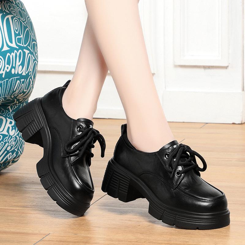 

Thick-Soled Loafers For Women In Spring And Autumn New Lace-Up Thick Heel Deep Mouth Women s Singles College Style Leather Shoes 36