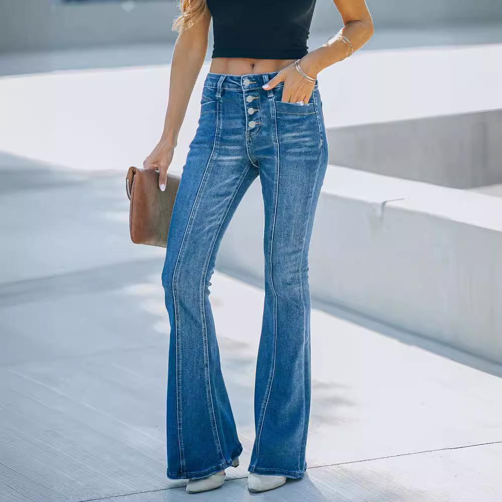 Γυναικείο ψηλόμεσο τζιν με φαρδύ πόδι με κουμπιά με καμπάνα παντελόνι με φαρδύ τζιν παντελόνι μόδας casual στενό παντελόνι