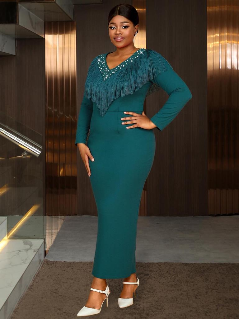 Plus Size Beaded Tassel Long Sleeve V-Neck Bodycon Maxi Dress - Elegant Formal Gown