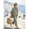 European and American bohemian style women's vacation style retro printing loose new round neck linen casual suit
