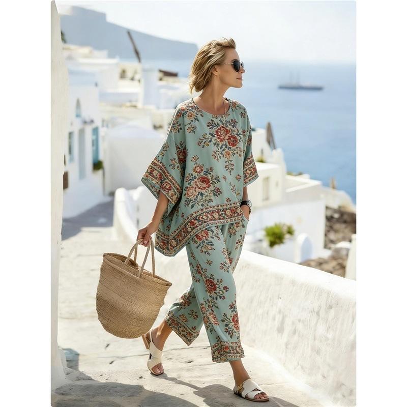 European and American bohemian style women's vacation style retro printing loose new round neck linen casual suit