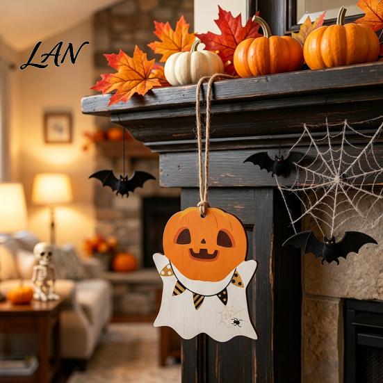 Halloween Tree Ornaments Ghost Wooden Hanging Sign with Hemp Rope, Cute Rustic Decorations Pendants for Home Party Wall Decorative Wood Signs