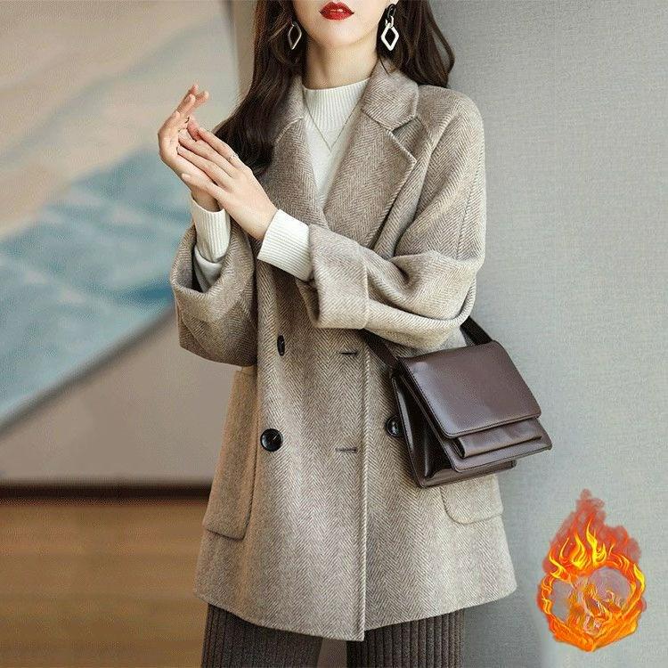 Suit Collar Temperament Woolen Women's Autumn and Winter Herringbone Woolen Coat Loose and Thin Coat All-match Small Man