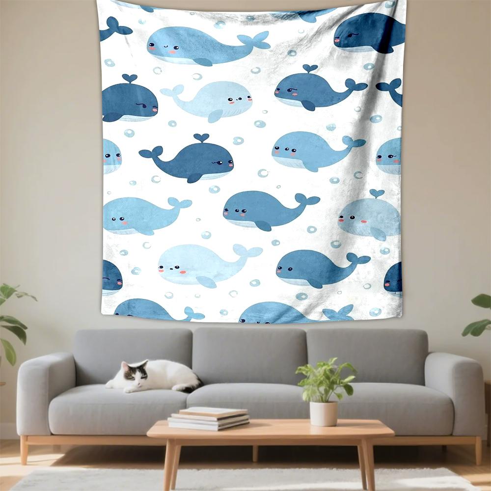 Cute Cartoon Blue Whales Pattern Patterned tapestry for bedroom and living room home decor