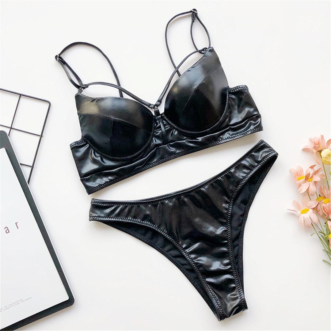 

Сексуальное блестящее бикини из искусственной кожи, женский купальник, женский купальник, комплект бикини, бюстгальтер с чашкой, купальный костюм S чёрный