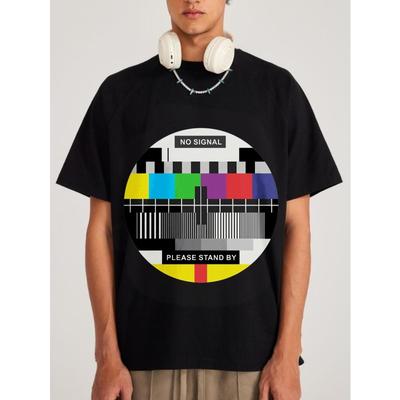 T-shirt Nera Abbinata per Lui e per Lei Modello Test TV Senza Segnale Si Prega di Attendere Stampa Grafica Streetwear Casual Moda Top da Uomo
